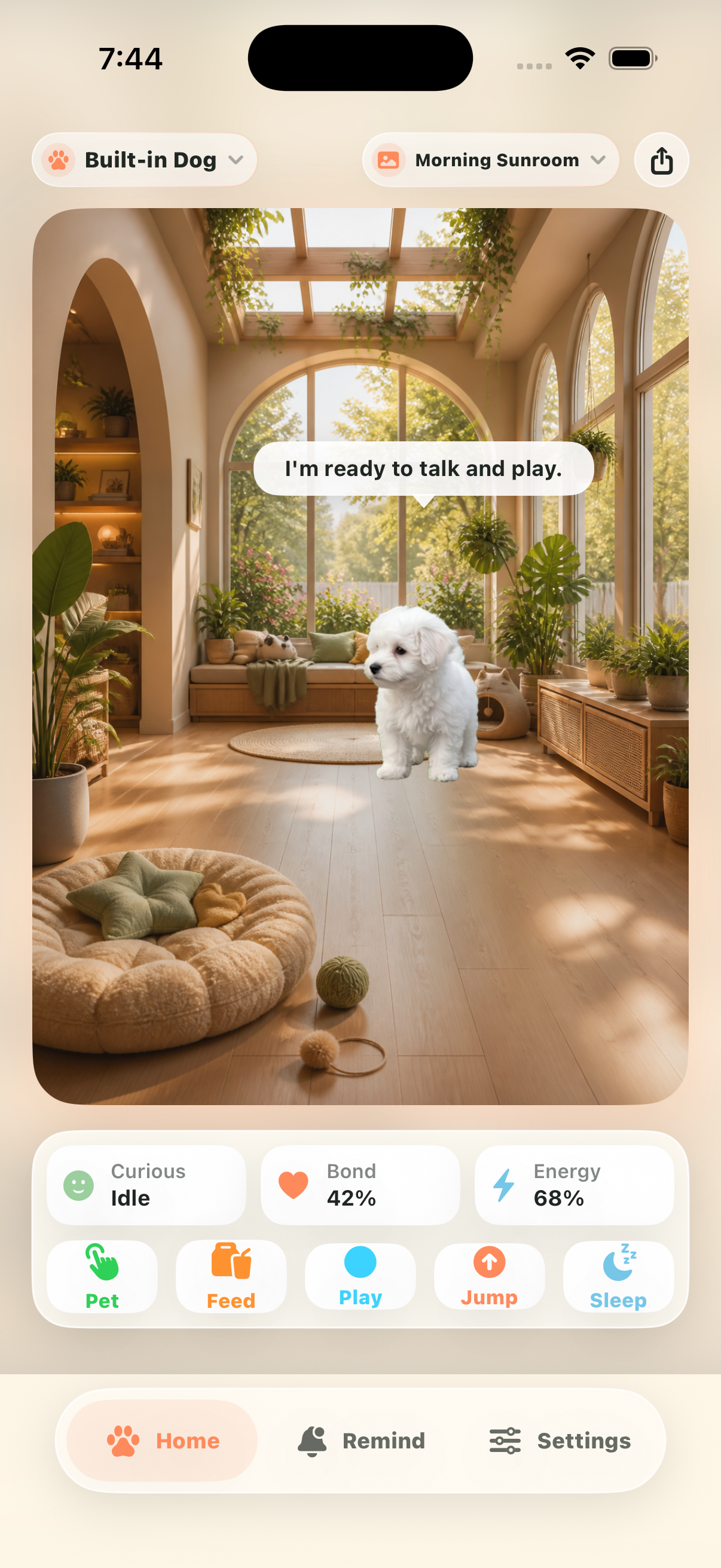 PetPal iPhone home screen with an AI pet companion