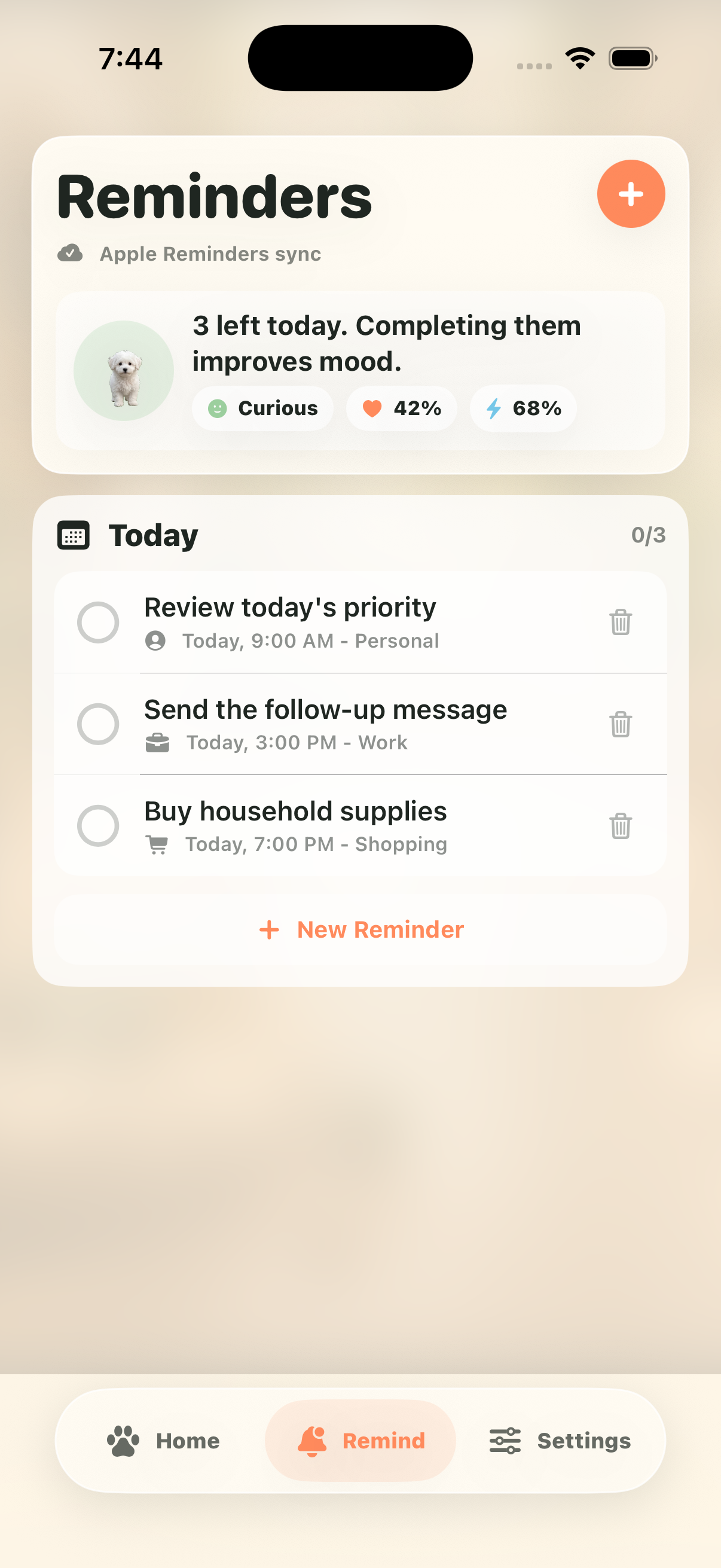 PetPal reminders screen with pet task reminders