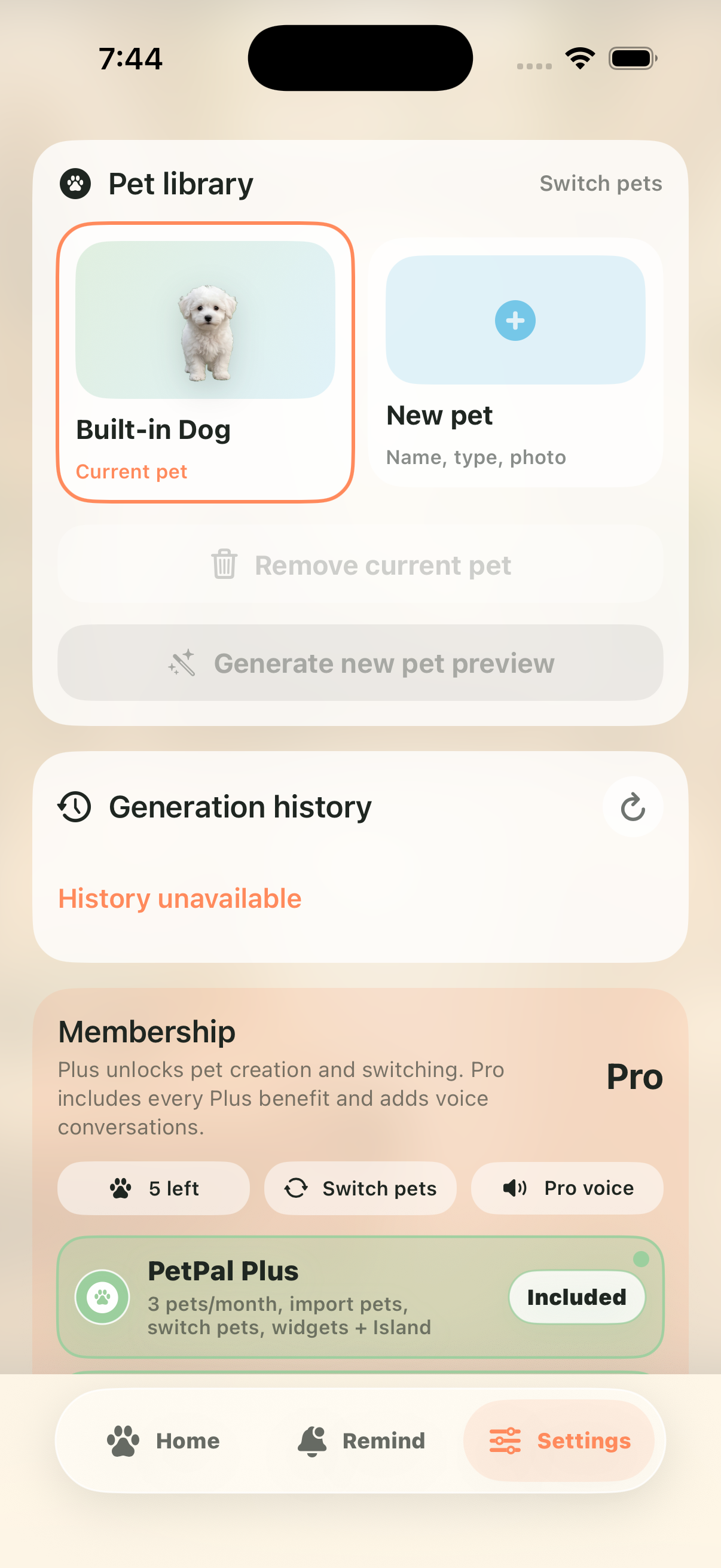 Settings screen